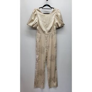 Lulus Champagne Floral Jacquard Puff Sleeve Jumpsuit